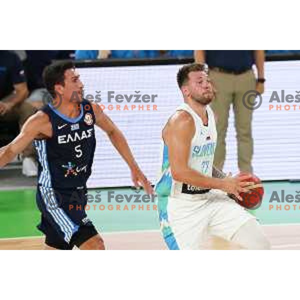Giannoulis Larentzakis and Luka Doncic in action during Telemach friendly match in preparation for World Cup 2023 between Slovenia and Greece in Ljubljana on August 2, 2023. Foto: Filip Barbalic