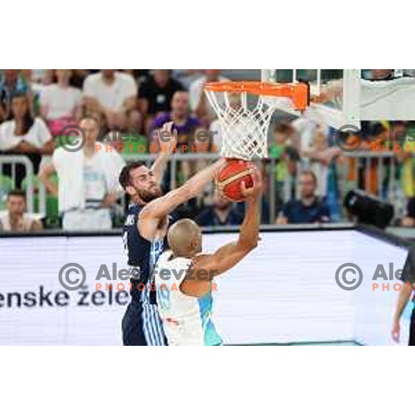 Georgios Papagiannis and Jordan Daniel Morgan in action during Telemach friendly match in preparation for World Cup 2023 between Slovenia and Greece in Ljubljana on August 2, 2023. Foto: Filip Barbalic