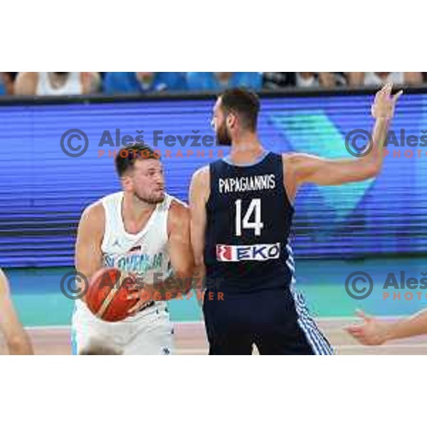 Luka Doncic and Georgios Papagiannis in action during Telemach friendly match in preparation for World Cup 2023 between Slovenia and Greece in Ljubljana on August 2, 2023. Foto: Filip Barbalic