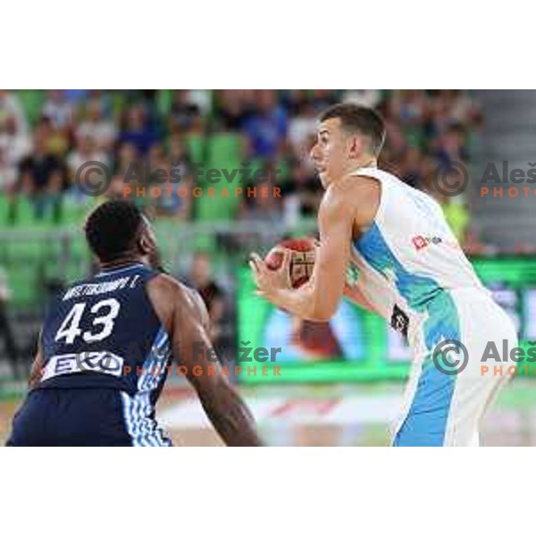 Thanasis Antetokounmpo and Vlatko Cancar in action during Telemach friendly match in preparation for World Cup 2023 between Slovenia and Greece in Ljubljana on August 2, 2023. Foto: Filip Barbalic