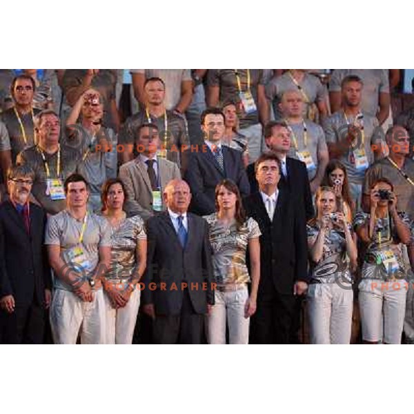 Members of Slovenia Olympic team and Milan Zver and Janez Kocijancic during flag ceremony at 2008 Beijing Olympic games in Olympic Village, China on August 7, 2008