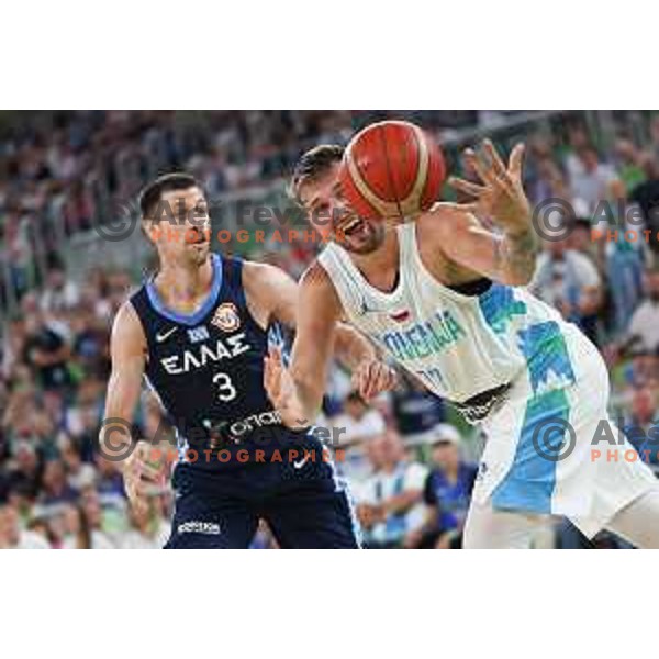 Michalis Lountzis and Luka Doncic in action during Telemach friendly match in preparation for World Cup 2023 between Slovenia and Greece in Ljubljana on August 2, 2023. Foto: Filip Barbalic