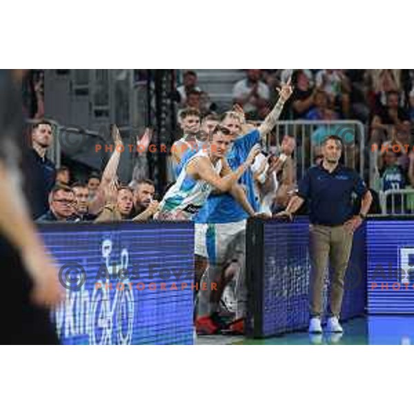 Jakob Cebasek, Gregor Hrovat and head coach Aleksander Sekulic in action during Telemach friendly match in preparation for World Cup 2023 between Slovenia and Greece in Ljubljana on August 2, 2023. Foto: Filip Barbalic