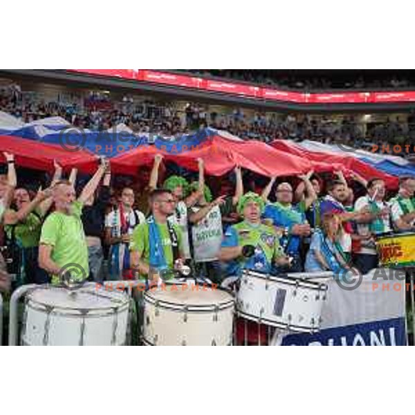 Fans of Slovenia in action during Telemach friendly match in preparation for World Cup 2023 between Slovenia and Greece in Ljubljana on August 2, 2023