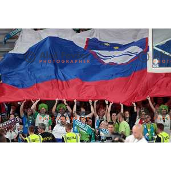 Fans of Slovenia in action during Telemach friendly match in preparation for World Cup 2023 between Slovenia and Greece in Ljubljana on August 2, 2023