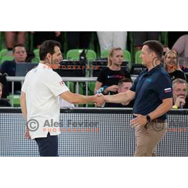 Head coach of Greece Dimitrios Itoudis and Aleksander Sekulic during Telemach friendly match in preparation for World Cup 2023 between Slovenia and Greece in Ljubljana on August 2, 2023.