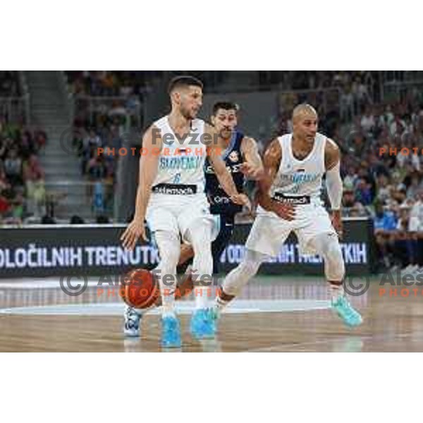 Aleksej Nikolic and Jordan Morgan in action during Telemach friendly match in preparation for World Cup 2023 between Slovenia and Greece in Ljubljana on August 2, 2023