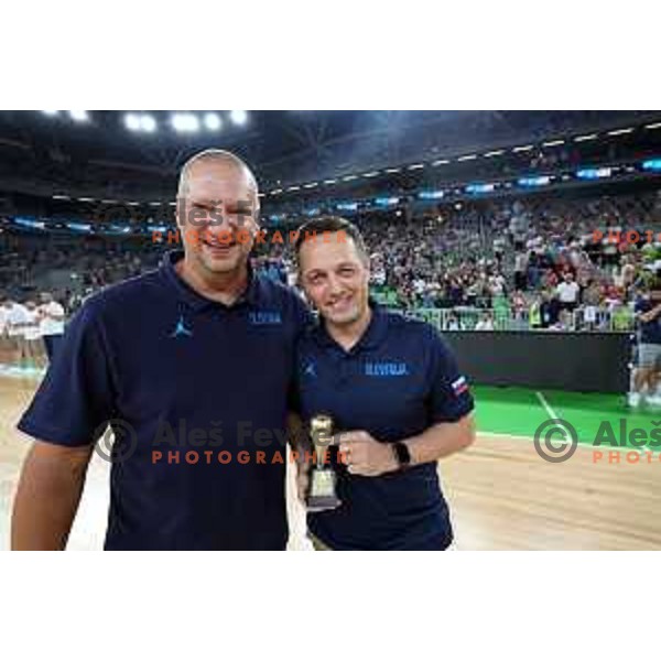 Matej Erjavec and head coach Aleksander Sekulic during friendly basketball match in preparation for World Cup 2023 between Slovenia and Montenegro in Ljubljana, Slovenia on August 8, 2023