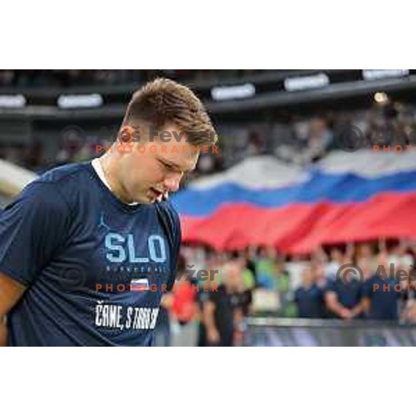Luka Doncic wears a shirt with words of support for Vlatko Canacar during friendly basketball match in preparation for World Cup 2023 between Slovenia and Montenegro in Ljubljana on August 8, 2023