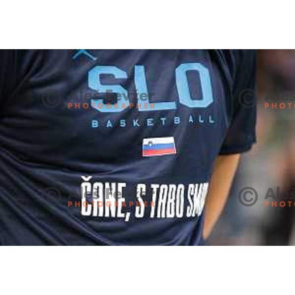 Luka Doncic wears a shirt with words of support for Vlatko Canacar during friendly basketball match in preparation for World Cup 2023 between Slovenia and Montenegro in Ljubljana on August 8, 2023