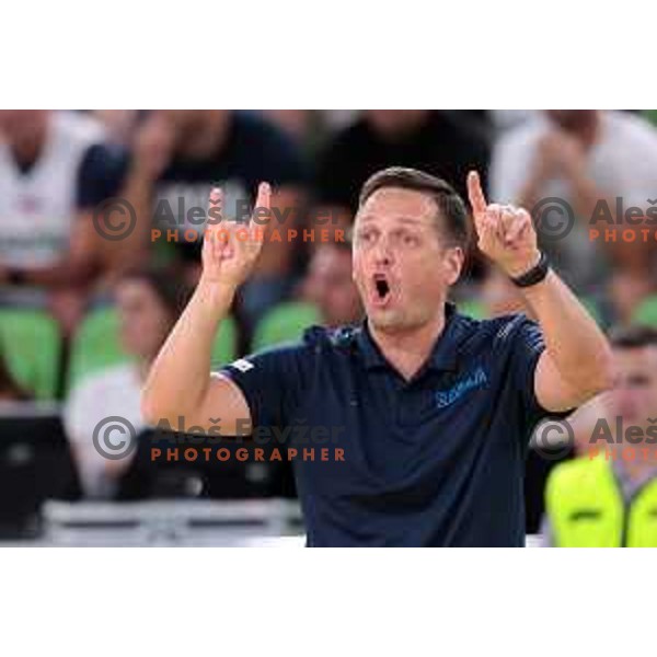 Head coach Aleksander Sekulic in action during friendly basketball match in preparation for World Cup 2023 between Slovenia and Montenegro in Ljubljana, Slovenia on August 8, 2023 