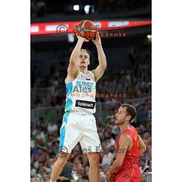 Klemen Prepelic in action during friendly basketball match in preparation for World Cup 2023 between Slovenia and Montenegro in Ljubljana, Slovenia on August 8, 2023
