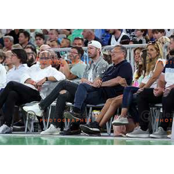 Former captain Goran Dragic and Mayor Zoran Jankovic watching friendly basketball match in preparation for World Cup 2023 between Slovenia and Montenegro in Ljubljana on August 8, 2023