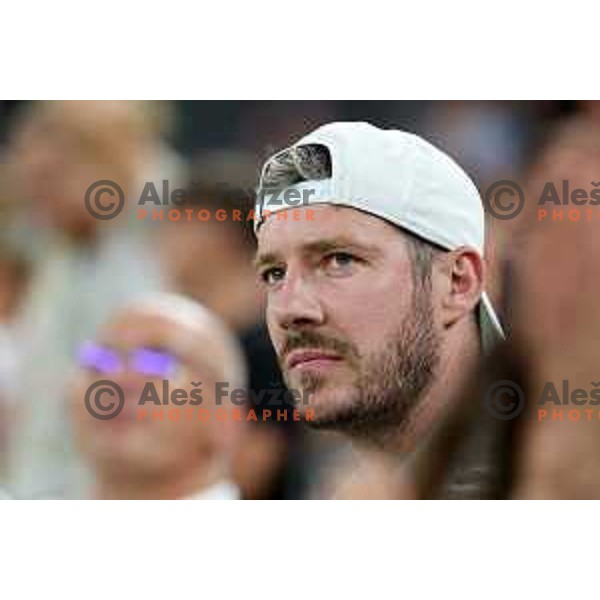 Former captain Goran Dragic watching friendly basketball match in preparation for World Cup 2023 between Slovenia and Montenegro in Ljubljana on August 8, 2023