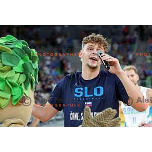 Aljaz Kunc sings a song at the end of friendly match in preparation for World Cup 2023 between Slovenia and Montenegro in Ljubljana on August 8, 2023