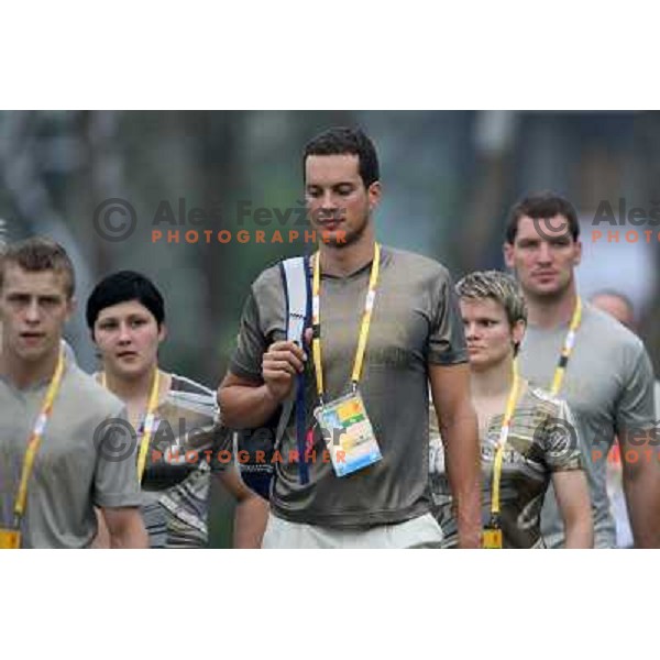Matjaz Markic and Slovenia Olympic team members at flag ceremony in Olympic Village in Beijing, China 7.8.2008. 