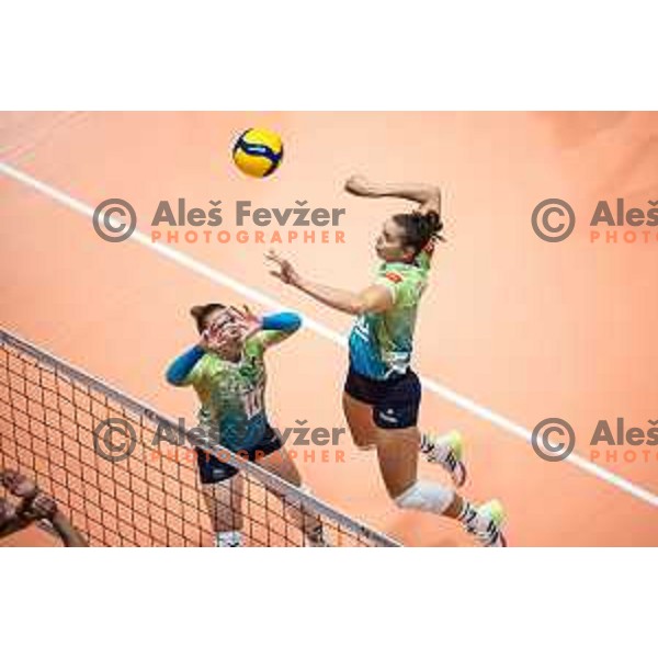Sara Najdic and Sasa Planinsec in action during women’s friendly volleyball match between Slovenia and Azerbaijan in Dvorana Tabor, Maribor, Slovenia on August 10, 2023. Photo: Jure Banfi