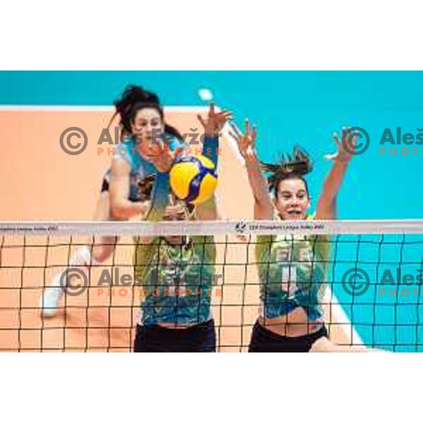 Mirta Grbac Velikonja and Masa Pucelj in action during women’s friendly volleyball match between Slovenia and Azerbaijan in Dvorana Tabor, Maribor, Slovenia on August 10, 2023. Photo: Jure Banfi