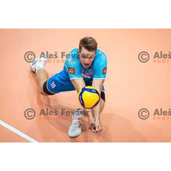 Rok Mozic in action during friendly volleyball match between Slovenia and Egypt in Dvorana Tabor, Maribor, Slovenia on August 10, 2023. Photo: Jure Banfi