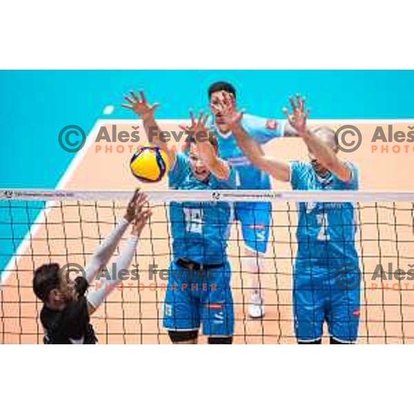 Rok Mozic and Alen Pajenk in action during friendly volleyball match between Slovenia and Egypt in Dvorana Tabor, Maribor, Slovenia on August 10, 2023. Photo: Jure Banfi