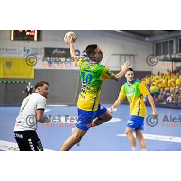 Tim Cokan in action during handball Slovenian SuperCup match between Jerusalem Ormoz and Celje Pivovarna Lasko in Ormoz on September 3, 2023