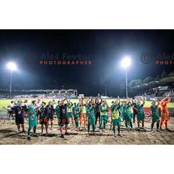 Players of Olimpija celebrating after Prva liga Telemach football match between Mura and Olimpija in Fazanerija, Murska Sobota, Slovenia on September 3, 2023. Foto: Jure Banfi