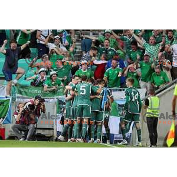 Irish players celebrate goal during UEFA European Championships 2024 Qualifying round football match between Slovenia and Northern Ireland at Stozice Stadium, Ljubljana, Slovenia on September 7, 2023