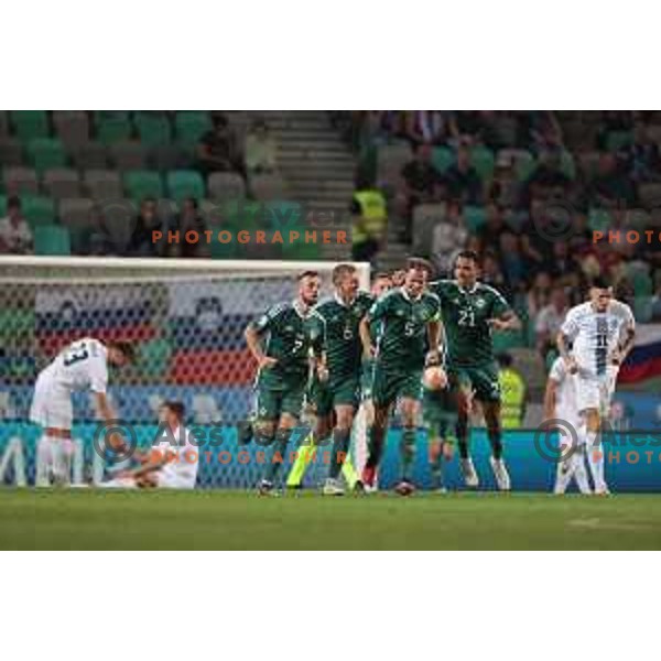 Irish players celebrate goal during UEFA European Championships 2024 Qualifying round football match between Slovenia and Northern Ireland at Stozice Stadium, Ljubljana, Slovenia on September 7, 2023