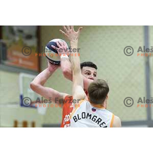 Karlo Matkovic in action during Slovenian SuperCup basketball match between Cedevita Olimpija and Kansai Helios Domzale in Kranj, Slovenia on September 25, 2023