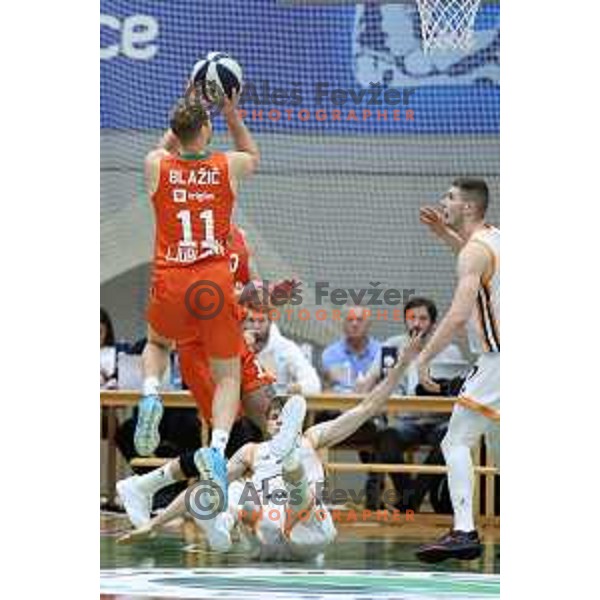 Jaka Blazic in action during Slovenian SuperCup basketball match between Cedevita Olimpija and Kansai Helios Domzale in Kranj, Slovenia on September 25, 2023