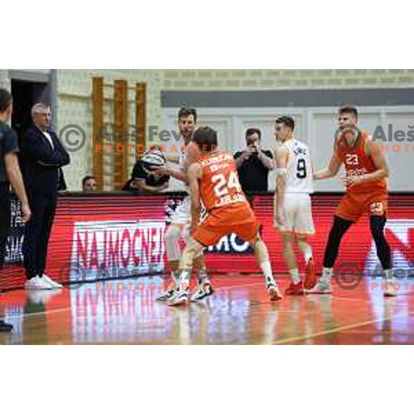 Blaz Mahkovic in action during Slovenian SuperCup basketball match between Cedevita Olimpija and Kansai Helios Domzale in Kranj, Slovenia on September 25, 2023
