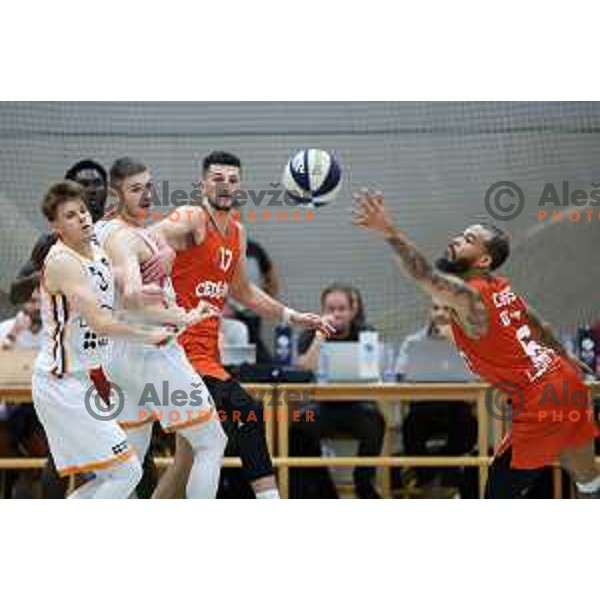 Karlo Matkovic in action during Slovenian SuperCup basketball match between Cedevita Olimpija and Kansai Helios Domzale in Kranj, Slovenia on September 25, 2023