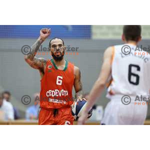 Justin Cobbs in action during Slovenian SuperCup basketball match between Cedevita Olimpija and Kansai Helios Domzale in Kranj, Slovenia on September 25, 2023