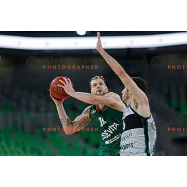 Jaka Blazic in action during BKT EuroCup 2023-2024 regular season basketball match between Cedevita Olimpija (SLO) and Juventut Badalona (ESP) in Ljubljana, Slovenia on October 11, 2023 