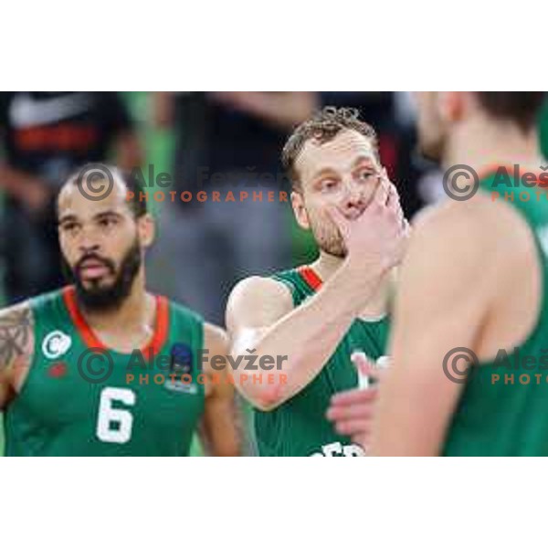 Justin Cobbs and Jaka Blazic in action during BKT EuroCup 2023-2024 regular season basketball match between Cedevita Olimpija (SLO) and Juventut Badalona (ESP) in Ljubljana, Slovenia on October 11, 2023 