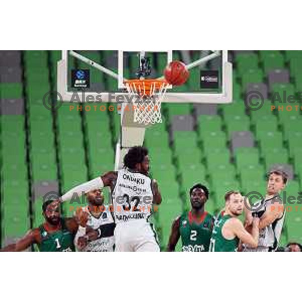Jaka Blazic in action during BKT EuroCup 2023-2024 regular season basketball match between Cedevita Olimpija (SLO) and Juventut Badalona (ESP) in Ljubljana, Slovenia on October 11, 2023 