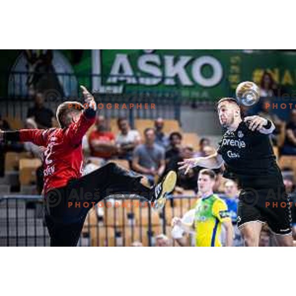Tarik Velic in action during 1.NLB league handball match between Celje Pivovarna Lasko and Gorenje Velenje in Dvorana Zlatorog, Celje, Slovenia on October 14, 2023. Photo: Jure Banfi
