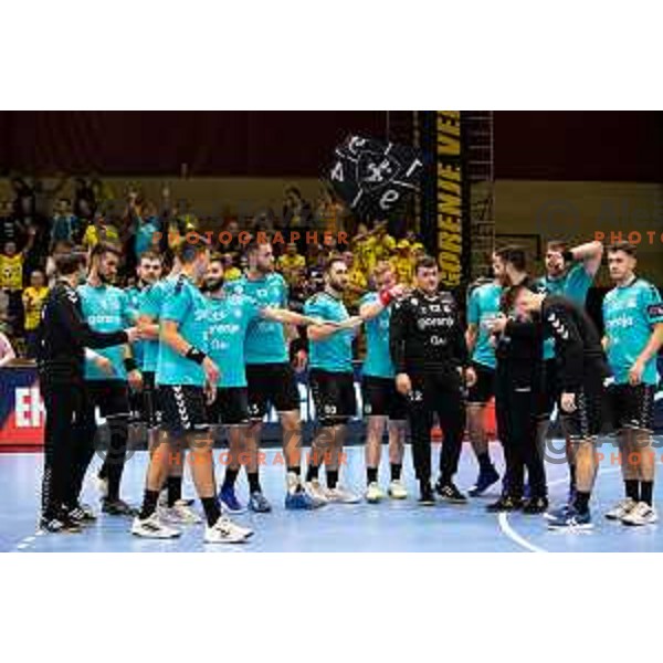 Gorenje players celebrating after EHF European league match between Gorenje Velenje and Pfadi Winterthur in Velenje, Slovenia on October 17, 2023.