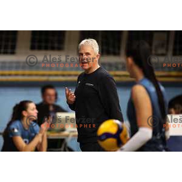 Head coach Bruno Najdic in action during Sportklub 1A DOL league volleyball match between Calcit Volley and Nova KBM Branik in Kamnik, Slovenia on October 20, 2023
