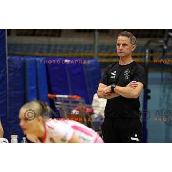 in action during Sportklub 1A DOL league volleyball match between Calcit Volley and Nova KBM Branik in Kamnik, Slovenia on October 20, 2023