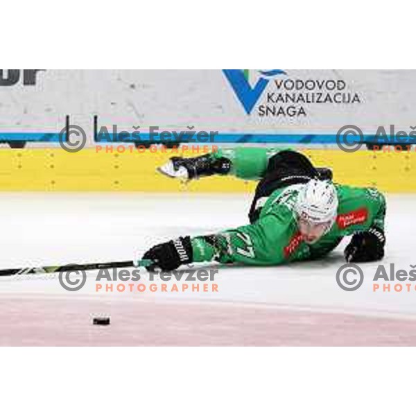 Trevor Gooch in action during IceHL match between SZ Olimpija and Sudtirol Alperia in Tivoli Hall, Ljubljana, Slovenia on October 22, 2023