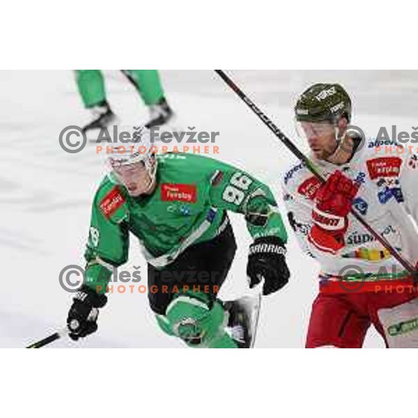 Maris Bicevskis in action during IceHL match between SZ Olimpija and Sudtirol Alperia in Tivoli Hall, Ljubljana, Slovenia on October 22, 2023