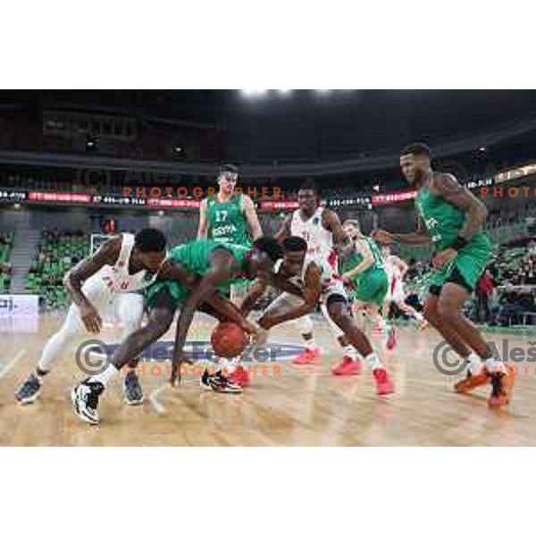 Amadou Sow and Dewayne Stewart in action during BKT EuroCup 2023-2024 regular season basketball match between Cedevita Olimpija (SLO) and Prometej Slobozhanske (UKR) in Ljubljana, Slovenia on October 25, 2023