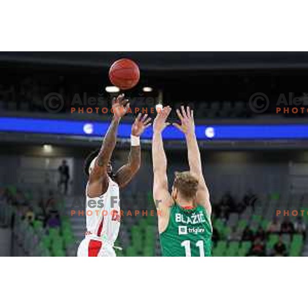 in action during BKT EuroCup 2023-2024 regular season basketball match between Cedevita Olimpija (SLO) and Prometej Slobozhanske (UKR) in Ljubljana, Slovenia on October 25, 2023