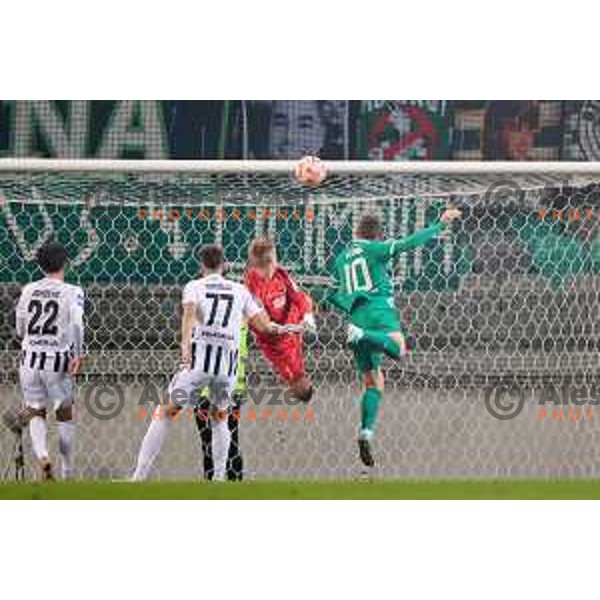 Timi Max Elsnik scores goal past Mura\'s goalkeeper Klemen Mihelak during Prva liga Telemach 2023/2024 football match between Olimpija and Mura in Ljubljana, Slovenia on November 12, 2023 