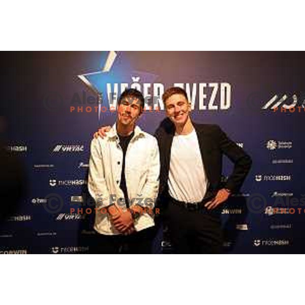 Primoz Roglic and Tadej Pogacar at Night of the Stars of Slovenia Cycling Federation event with awards for best cyclists in 2023 in Ljubljana, Slovenia on November 13, 2023