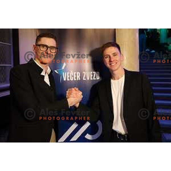 Matej Mohoric and Tadej Pogacar at Night of the Stars of Slovenia Cycling Federation event with awards for best cyclists in 2023 in Ljubljana, Slovenia on November 13, 2023