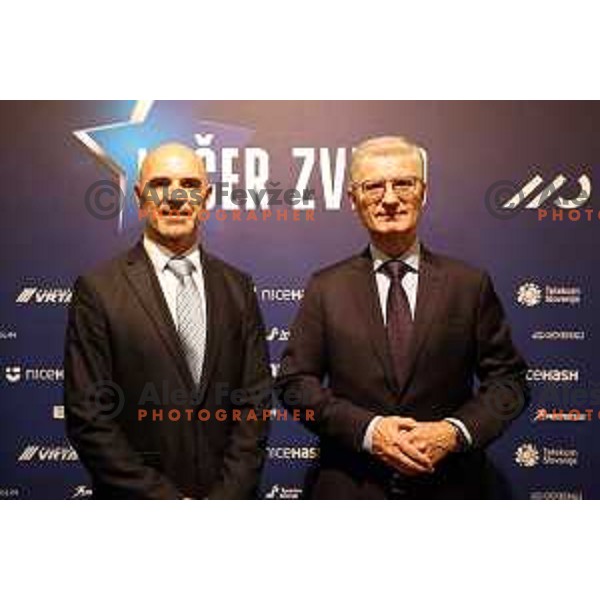 Pavel Mardzonovic and Franjo Bobinac at The Night of the Stars of Slovenia Cycling Federation event with awards for best cyclists in 2023 in Ljubljana, Slovenia on November 13, 2023