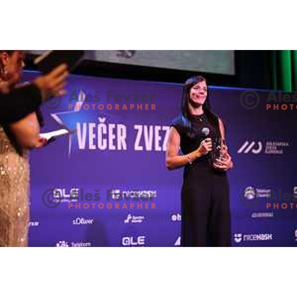Eugenia Bujak at Night of the Stars of Slovenia Cycling Federation event with awards for best cyclists in 2023 in Ljubljana, Slovenia on November 13, 2023