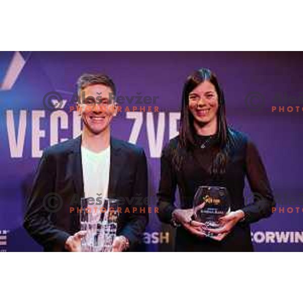 Tadej Pogacar and Eugenia Bujak at Night of the Stars of Slovenia Cycling Federation event with awards for best cyclists in 2023 in Ljubljana, Slovenia on November 13, 2023